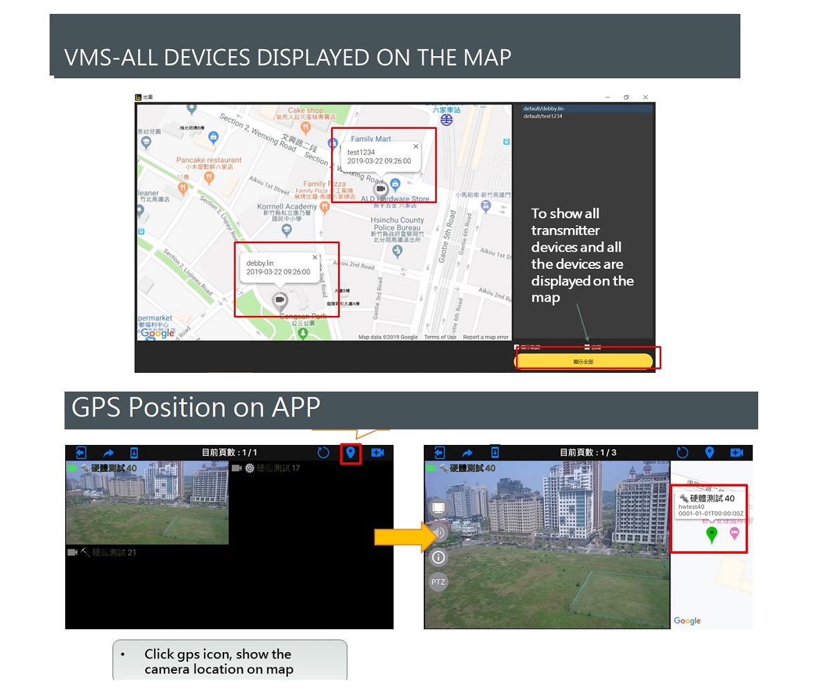 Posición GPS de la cámara 4G LTE 4K llevada por el cuerpo en la APLICACIÓN VMS