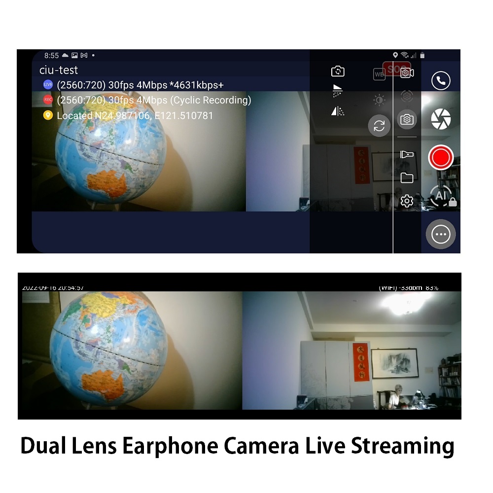 Live Steam 2 Cameras' videos of Dual Lens Earphone Camera at the Same Time-CIU CO LTD